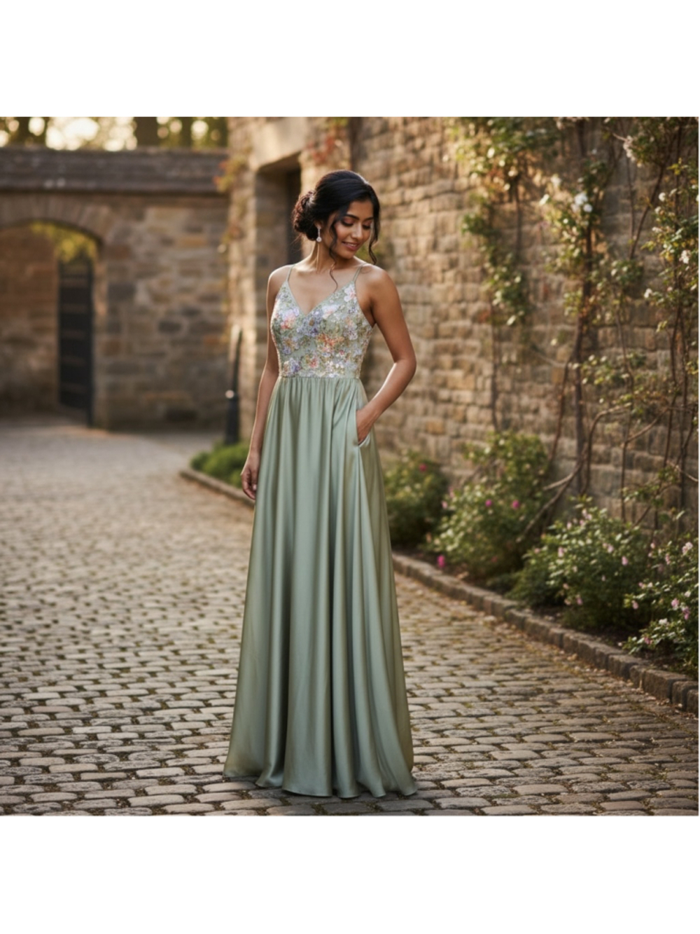 Size 2 Azazie Atelier Olive Green Floral Embroidered special occasion dress gown